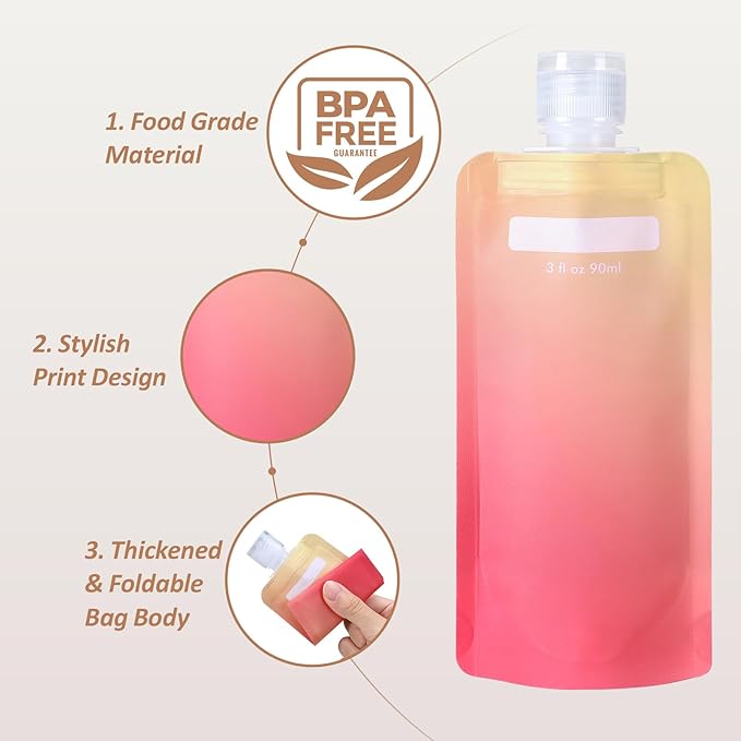 PACKISM 24 Pack Travel Pouches for Toiletries - 3 oz Leak Proof TSA Approved Liquid Containers, Squeeze Bags for Shampoo Lotion, Space Saving Refillable Carriers, Gradient Purple Cherry Yellow