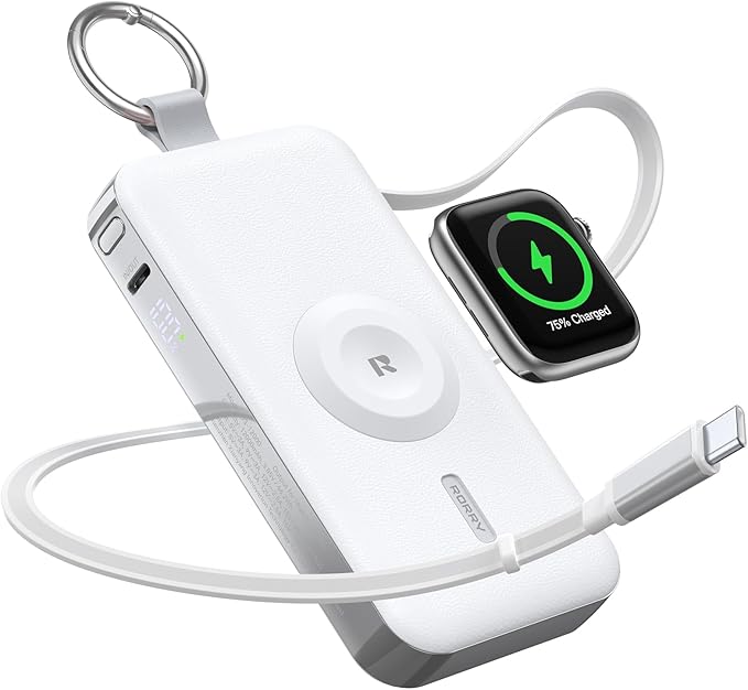 RORRY Portable Charger, 12000mAh 30W Fast Charging Power Bank with Built-in Retractable USB C Cable, Battery Pack with Keychain, Travel Essentials for iPhone, Apple Watch, iPad, White