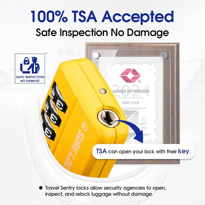 SURE LOCK TSA Approved 4-Digit Resettable Combination Luggage Lock with Open Alert, Easy-Read Dials - for Luggage, School Lockers, Gym, Office, Toolbox & Security Cases(Yellow 1PACK)