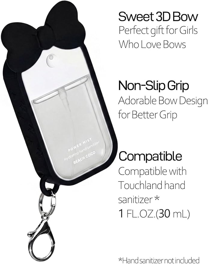 Silicone Bow Case Compatible with Touchland Hand Sanitizer Spray 1 oz (30 mL), Cute Holder with Keychain Clip, Gift for Girls