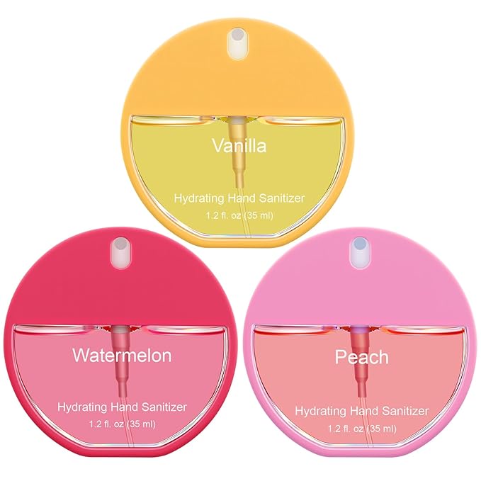 Set of 3 Power Mist Hydrating Hand Sanitizer Spray Travel Size Moisturizing Hand Sanitizer 1.2 Fl. oz Compact Round Spray Bottle Vanilla Peach Watermelon for Women Mother's Day Mom Gifts