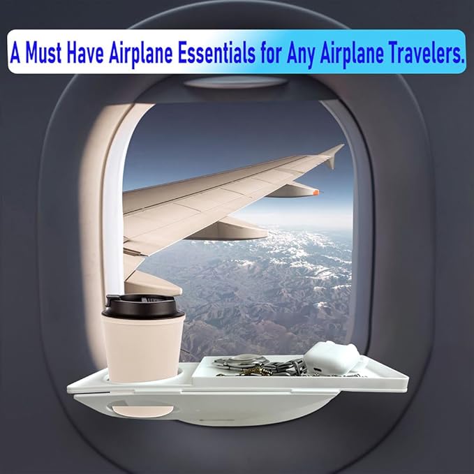 Airplane Window Organizer, Plane Window Drink Gadget Cup Holder, Long Flight Essentials Accessories, Airline Seat Organization Station for Phone and Gadgets [U.S Patent Pending] (White)