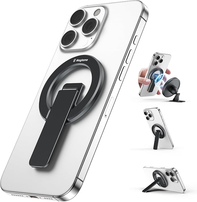 Magtame Double-Sided Magnetic Phone Stand Grip, Strong Magnetic Kickstand Desk Holder for Mag&Safe and Smartphone, Foldable Adjustable Design, Black