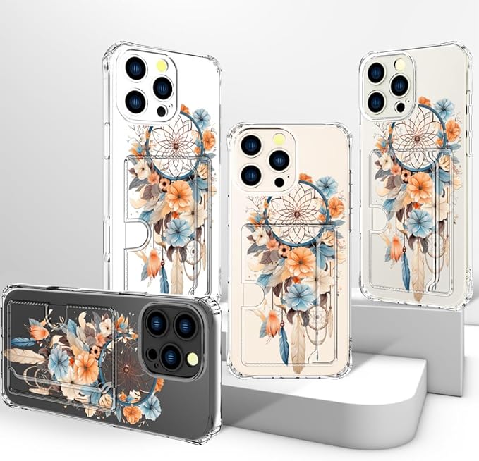 Compatible with iPhone 16 Pro Case Card Holder for Women Cute Design,Wallet Phone Cases Transparent Cool Kawaii Protective (Clear Dreamcatcher Dream Cather)