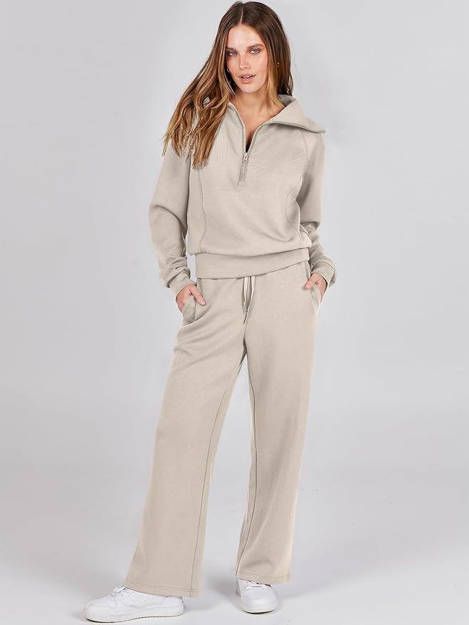 ANRABESS Women 2 Piece Outfits 2025 Fall Fashion Airport Wide Leg Pants Lounge Set Leisure Travel Vacation Clothes Sweatsuits