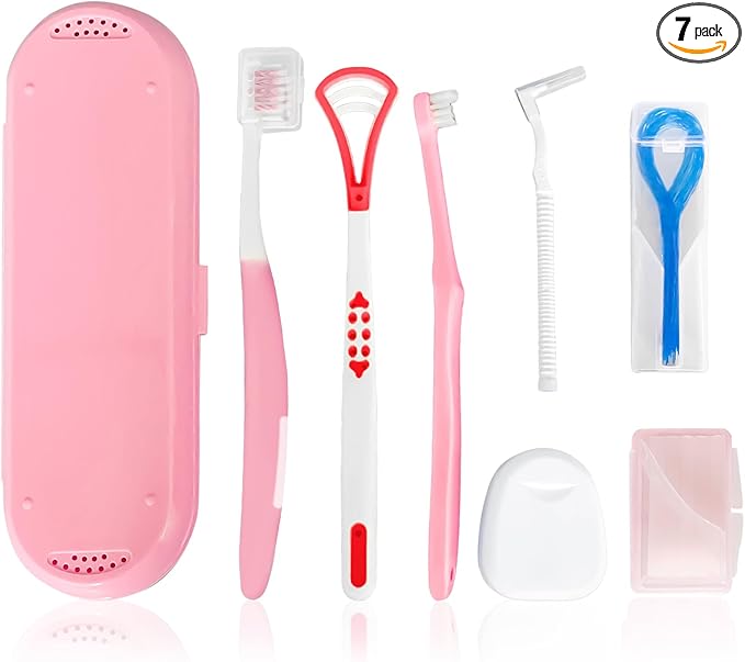7-in-1 Travel Oral Care Kit with Case – Toothbrush, Tongue Scraper, Wisdom Toothbrush, Dental Floss, Floss Threaders, Interdental Brush, Dental Wax, Portable Hygiene Set for Daily Use Travel (Pink)