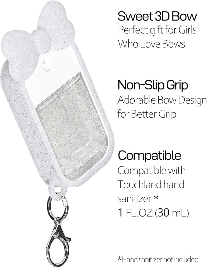 Silicone Bow Case Compatible with Touchland Hand Sanitizer Spray 1 oz (30 mL), Cute Holder with Keychain Clip, Gift for Girls