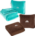 BlueHills Travel Blanket Pillows for Two Airplane Traveling Essentials Flight Throws in Bag case with Backpack Clip Compact Large Plane Accessories – Teal Green and Brown