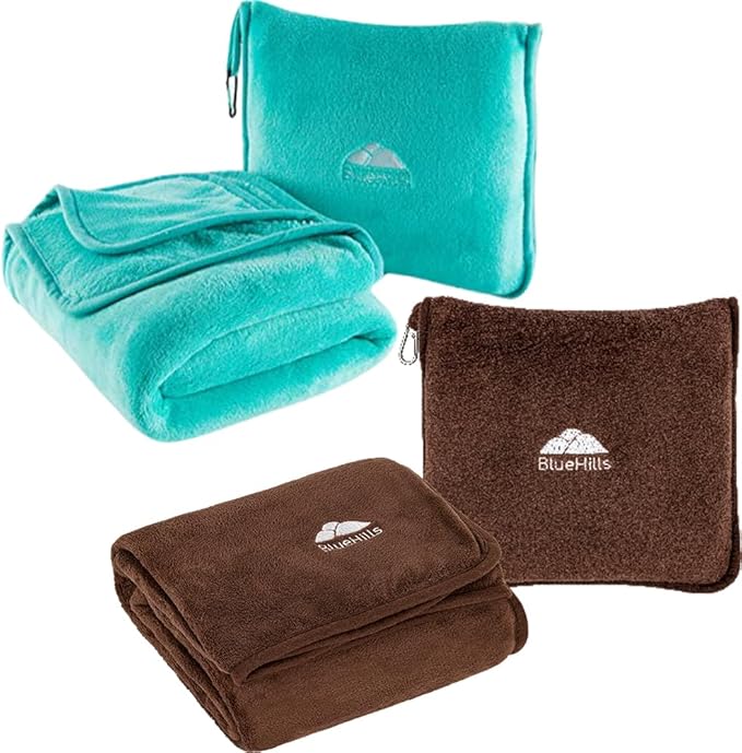 BlueHills Travel Blanket Pillows for Two Airplane Traveling Essentials Flight Throws in Bag case with Backpack Clip Compact Large Plane Accessories – Teal Green and Brown