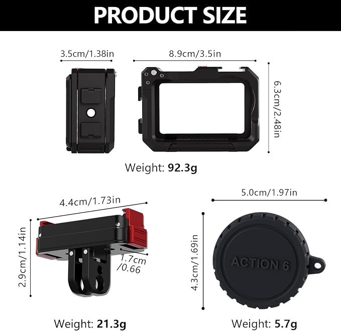 Camera Cage for DJI Osmo Action 6 Case,Release Aluminum Base with 1/4" Thread & Foldable Connector for Tripods,Silicone Lens Guard Cap, Supports Vertical & Horizontal Shooting