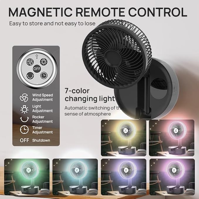 8 inch Portable Fan - Wireless Battery Operated Fan - LED Lighting - Carry Case & Remote Control - Cruise Travel - Outdoor Travel RV Power Bank With USB-C Port (Black with Case)