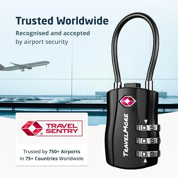 4 Pack TSA Approved Travel Combination Cable Luggage Locks for Suitcases & Backpacks - Black