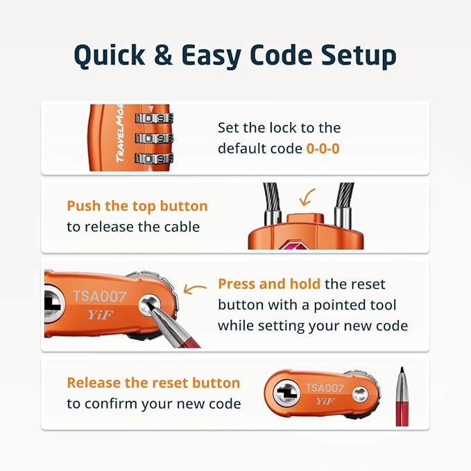 4 Pack TSA Approved Travel Combination Cable Luggage Locks for Suitcases & Backpacks - Orange