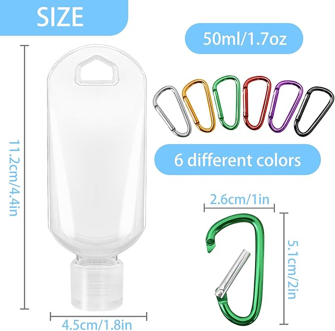 6 Pack Refillable Travel Plastic Bottles Containers, Hand Sanitizer Travel Size Holder with Empty Bottles Case Keychain Carrier, Leak Proof Portable Bottle for Kids & Adult (50ml/1.7oz)