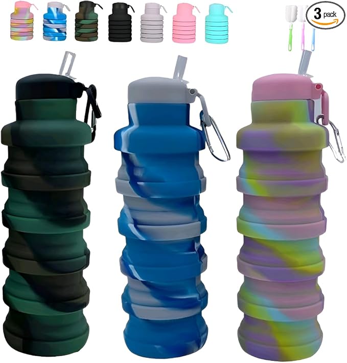 Collapsible water bottles 3 Pack with brush,BPA Free Travel Silicone Water Bottle with Carabiner,Reusable Foldable Portable Lightweight Sports bottles for Gym Camping Hiking (Colorful)