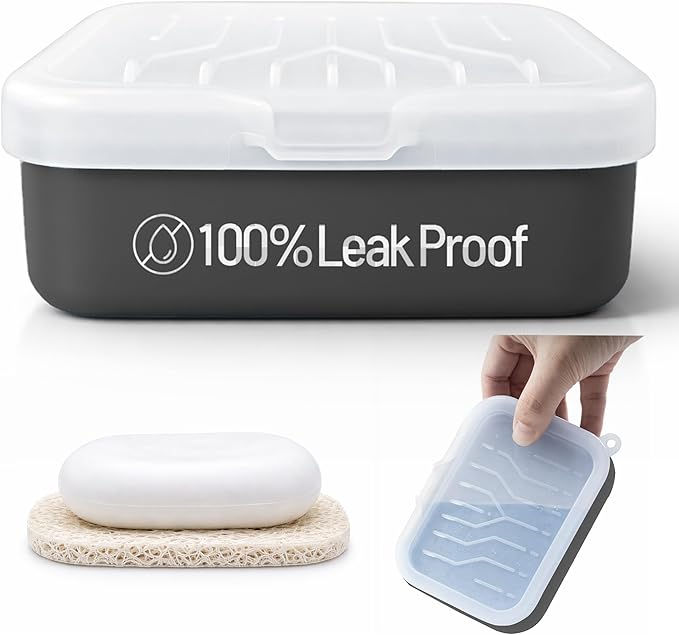 Leakproof Silicone Travel Soap Case: Compact Portable Bar Soap Case with Drainage Layer & Upgraded Lid - 2026 Travel Essentials for Camping, Gym, Shower & Carry-on Bags (Black)