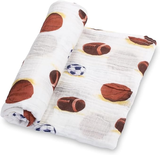 LollyBanks Muslin Swaddle Blanket, 100% Muslin Cotton Soft Baby Blankets for Boys, 47 X 47 Inches Soft and Cozy Baby Wrap Swaddle Breathable Infant Blankets, Newborn Essentials (Sports Print)