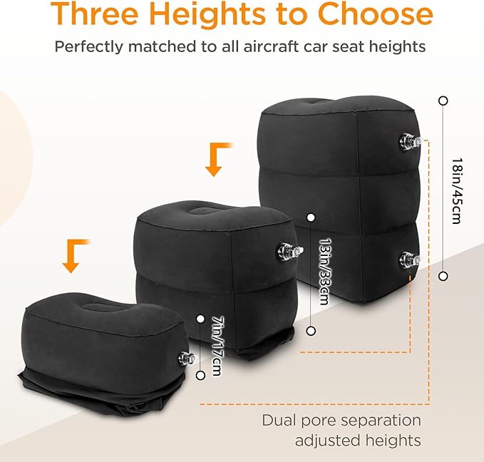 HOMCA Inflatable Travel Foot Rest Pillow (2-Pack) Adjustable Height Leg Pillow Fast Inflating Airplane Bed for Toddlers Footrest Pillow for Office, Airplane, Train, Cars, Home (Black)