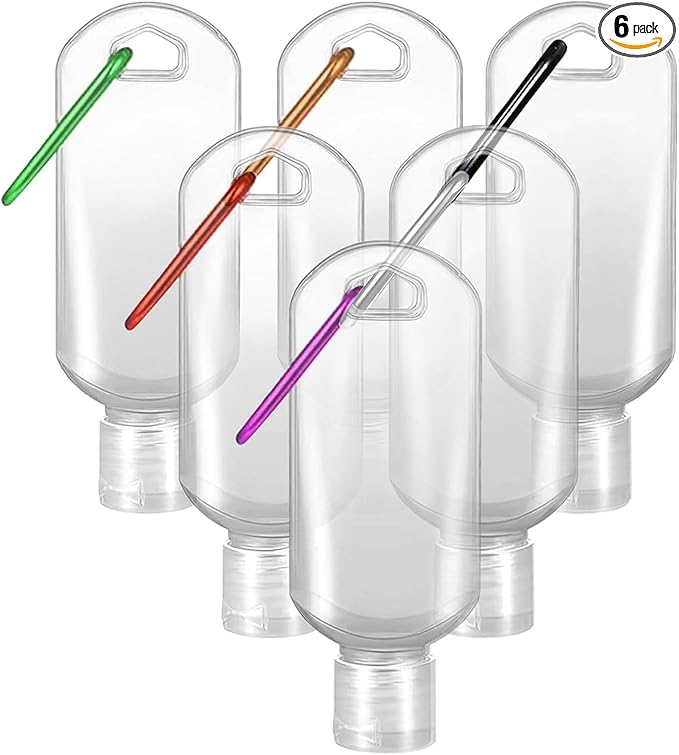 6 Pack Refillable Travel Plastic Bottles Containers, Hand Sanitizer Travel Size Holder with Empty Bottles Case Keychain Carrier, Leak Proof Portable Bottle for Kids & Adult (50ml/1.7oz)
