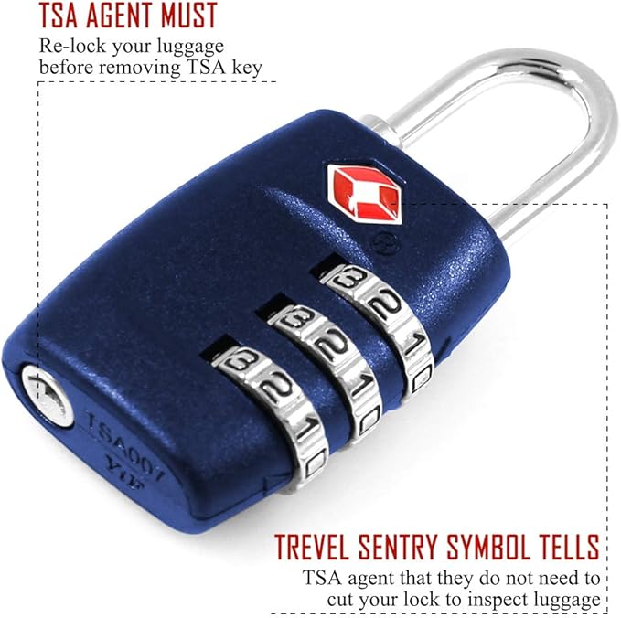 DanziX TSA Approved Lock and 4 Colors Stainless Steel Safety Tether，3-Dial Combination Travel Luggage Lock with Lanyard Security Cable for Protect Your Different Sizes of Suitcase,Baggage-Deep Blue