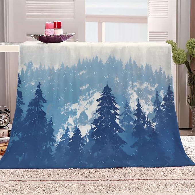 Snow Winter Blanket King Size, Navy Blue Fleece Blanket for Couch Bed Sofa, Pine Tree Blankets and Throws, Nordic Watercolor Super Soft Cozy Plush Flannel Blanket 108x90, Decor & Gift