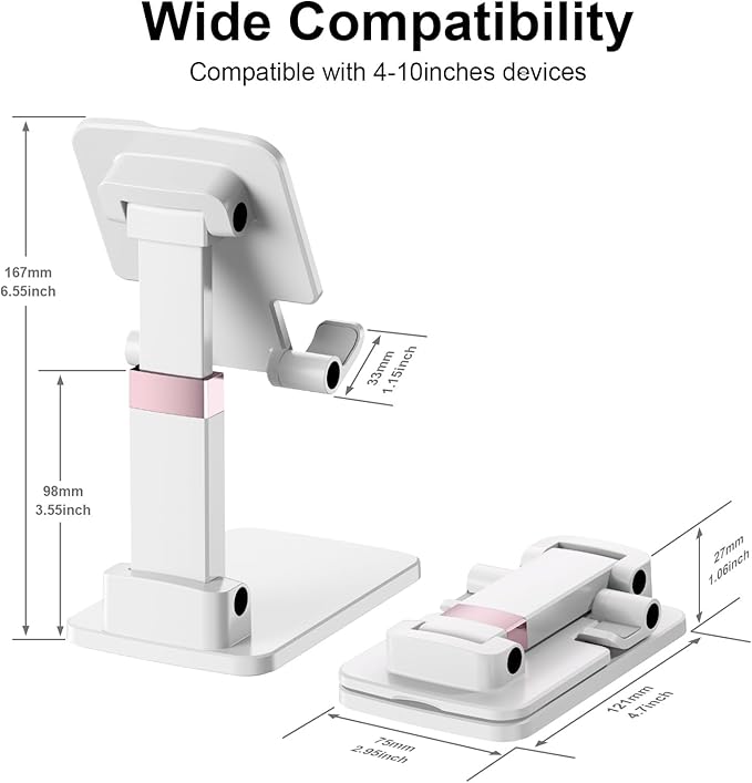 Phone Stand for Desk, Cell Phone Holder Adjustable Office Cellphone Stand for Desk Adjustable Tablet Stands Compact Design for iPhone iPad Android Devices Under 12", White