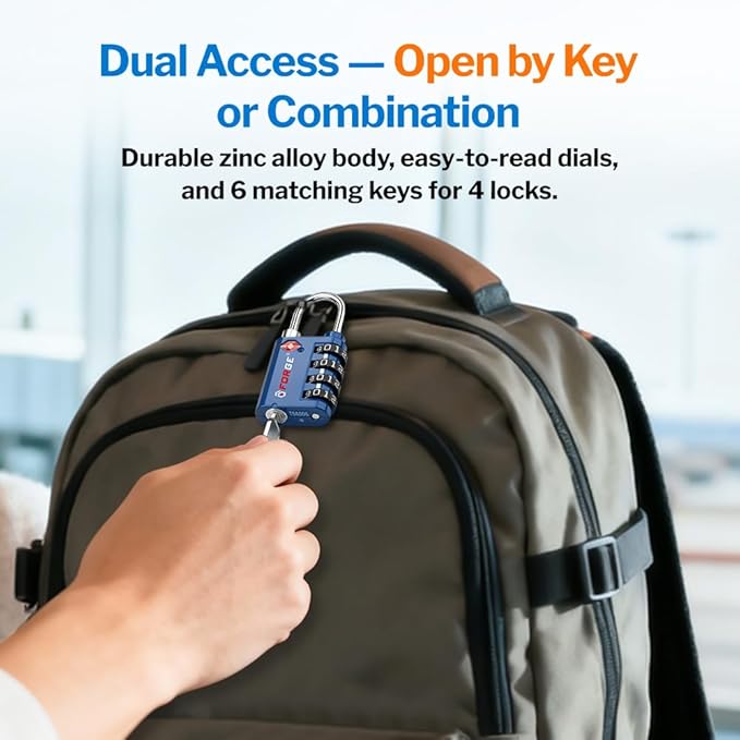 Forge Dual-Opening: Key or Combination Lock, TSA Approved Lock for Luggage, Pelican case, Travel, Gym, School, Luggage Combination Lock, Travel Bag Lock (Blue 4 Pk)