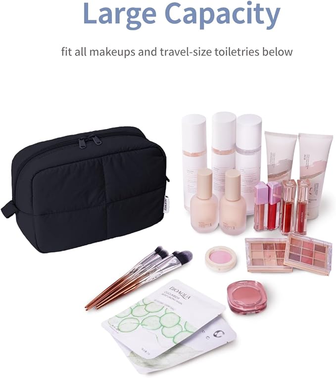 Narwey Travel Makeup Bag for Women Girl, Quilted Black Makeup Bag Cosmetic Make Up Organizer Bags with Compartments, Travel Toiletry Bag for Toiletries (Black)
