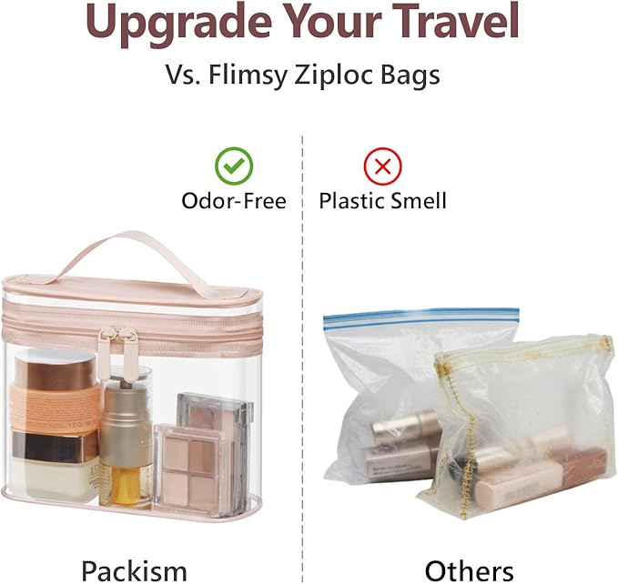 PACKISM TSA Approved Toiletry Bag 2 Pack - Quart Size Clear Makeup Bag with Handle & Dual Metal Zippers, Large Opening 3-1-1 Airline Compliant Security Travel Organizer for Carry On Liquids, Pink
