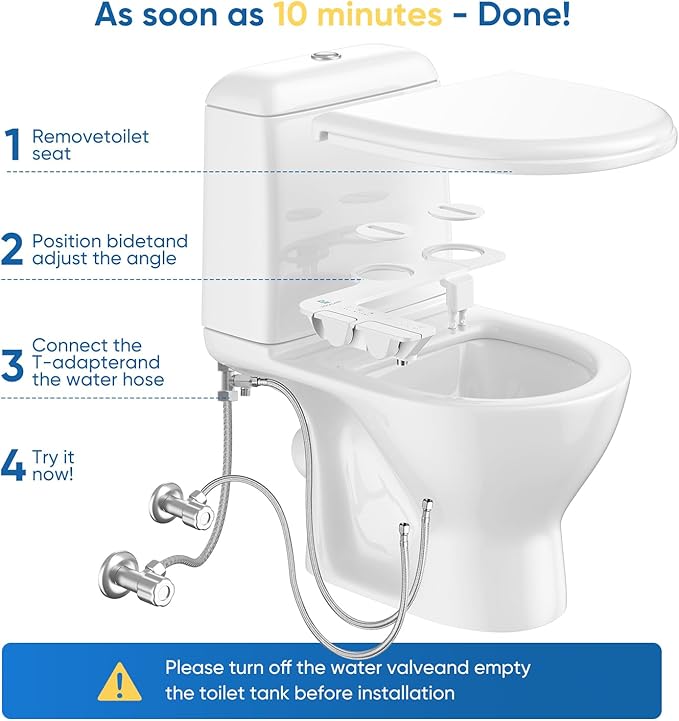 Ultra-Slim 3-in1 Bidet, Warm Water, Self-Cleaning, Posterior&Feminine Wash-(Retractable Dual Nozzles), Non-Electric Bidet Attachment for Toilet Seat, Adjustable Water Pressure, Stainless Steel Inlet