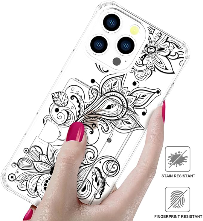 Compatible with iPhone 16 Pro Case Card Holder for Women Cute Design,Wallet Phone Cases Transparent Cool Kawaii Protective (Clear Black Henna Flower)