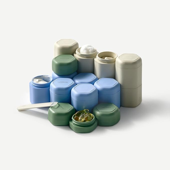 Cadence Travel Containers Basic Skincare Set - Magnetic Containers with Lids,Carry On Travel Essentials For Women/Men - 3 Small Capsules (0.56oz) - Cleanser, Moisturizer & Sun-Icon Labels - Petal