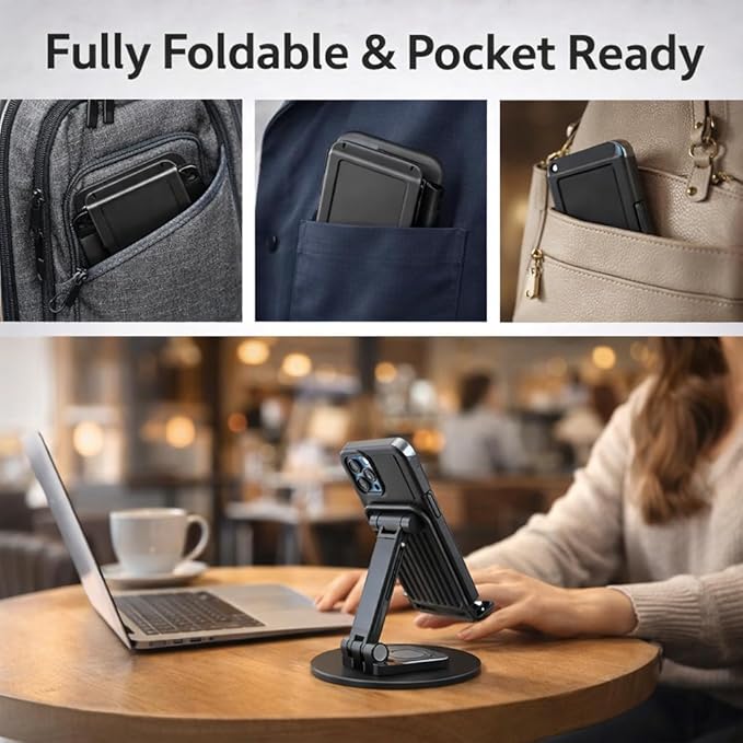 Mizi Portable Cell Phone Stand for Desk - Height & Angle Adjustable Mobile Foldable Holder, Compatible with iPhone 17 16 15 14 13 12 11 Pro Max, Galaxy S25 S24, All 4–10" Devices - Black