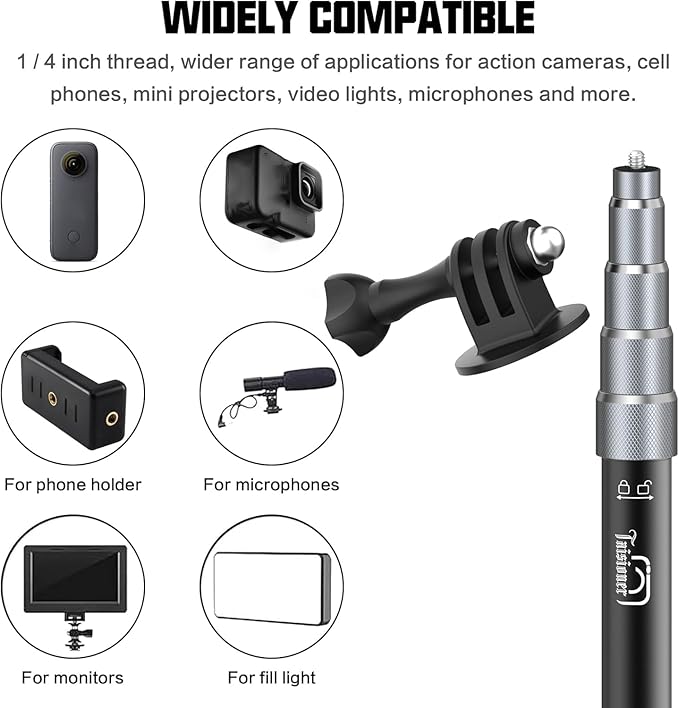 Taisioner Aluminum Alloy Motorcycle Handlebar Mount Double Clamp Locking Anti-Fall, 47" Invisible Selfie Stick for Insta360 X5/X4/X3/X2/ONE RS/GO 2/3 Hero 13-7 DJI Camera