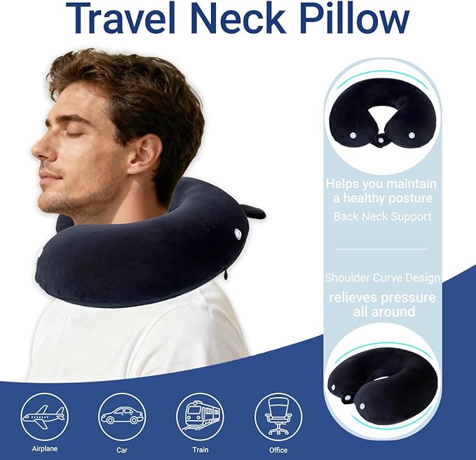 Travel Pillow with Removable Large Hood, Memory Foam Neck Pillow for Airplane, Car, Train Travel Sleeping & Rest, with Soft Cover (Black)