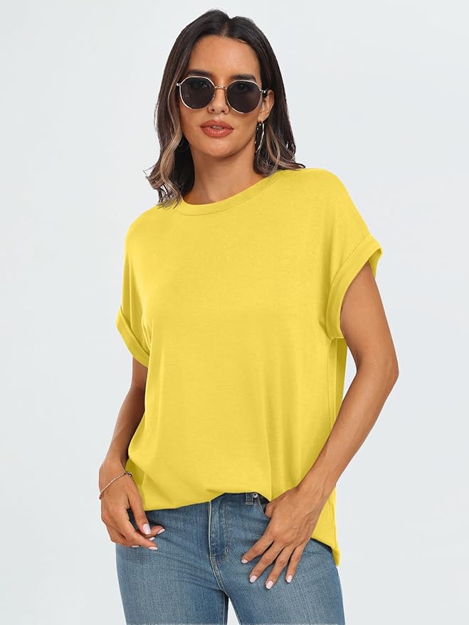 AUTOMET Women's Oversized Short Sleeve T Shirts Casual Drop Shoulder Rolled Cuff Summer Tops for Work, Travel and Lounge