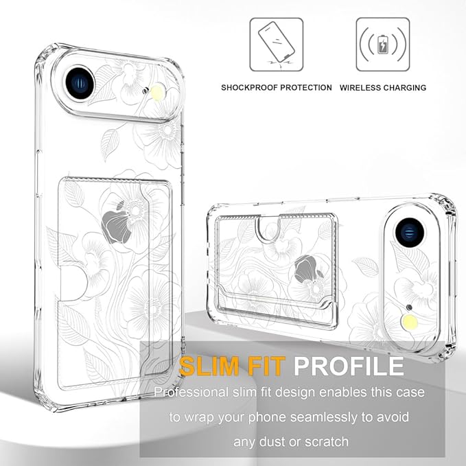 Compatible with iPhone 17 Air Case Card Holder for Women Cute Design,Wallet Phone Cases Transparent Cool Kawaii Protective (Clear Seamless Abstract Flower)