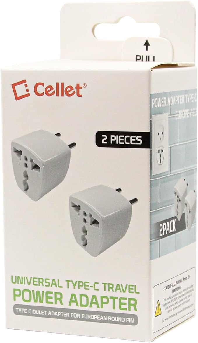 Cellet Universal Travel Adapter: Seamless Plug Conversion for International Travelers AC Wall Power Adapter to Convert, Europe & Asia to US Plug (2PACK) (Type-C (Europe & Asia))