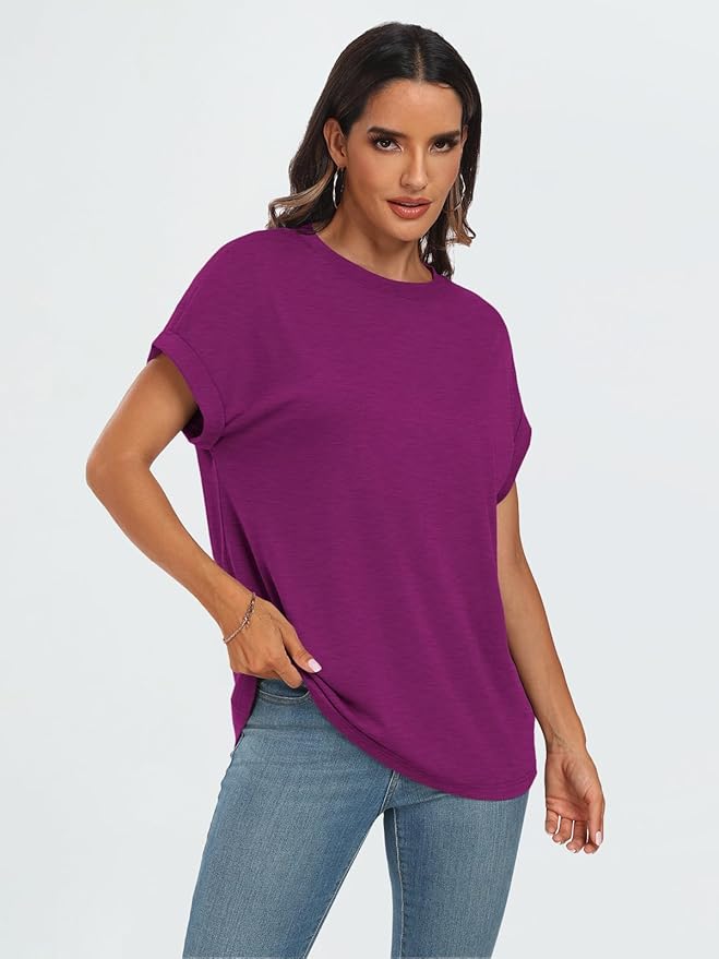 AUTOMET Women's Oversized Short Sleeve T Shirts Casual Drop Shoulder Rolled Cuff Summer Tops for Work, Travel and Lounge