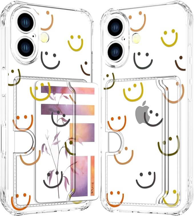 Compatible with iPhone 16 Case Card Holder for Women Cute Design,Wallet Phone Cases Transparent Cool Kawaii Protective (Clear Smiley Face)