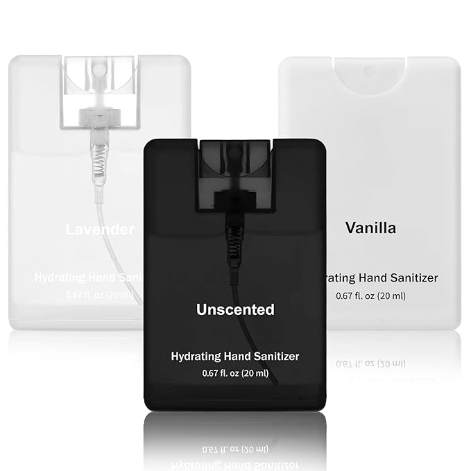 Set of 3 Power Mist Hydrating Hand Sanitizer Spray Bulk Travel Size Effective Hand Sanitizer 0.67 Fl. oz Compact Card Spray Bottle Lavender Vanilla Unscented for Adult Gifts Backpack Pocket Bag