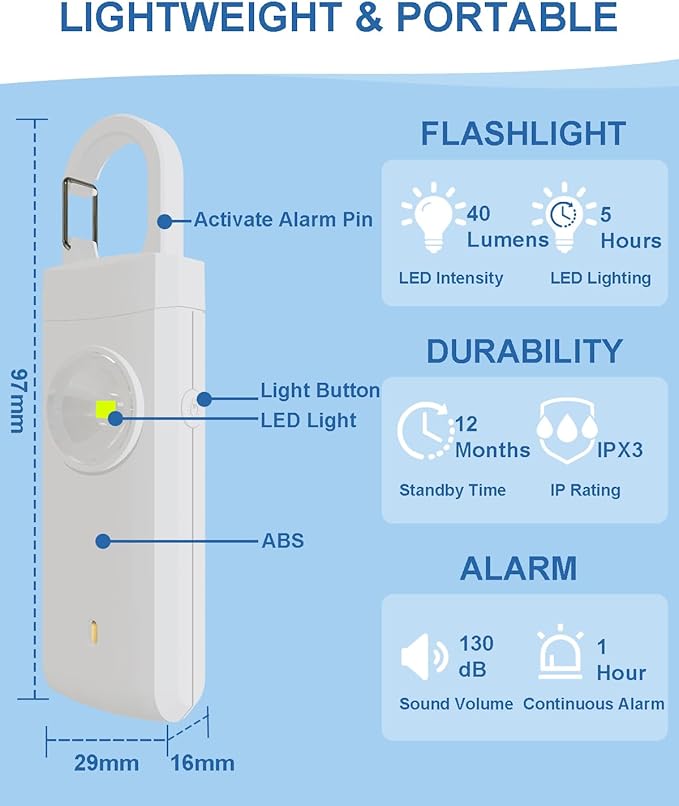 Rechargeable Personal Safety Alarm for Women, Loud Siren Birdie Sound, Strobe SOS LED Light, USB Charging, Be Safe with Personal Alarm Self Defense Keychain for Wife, Daughter, Student, White