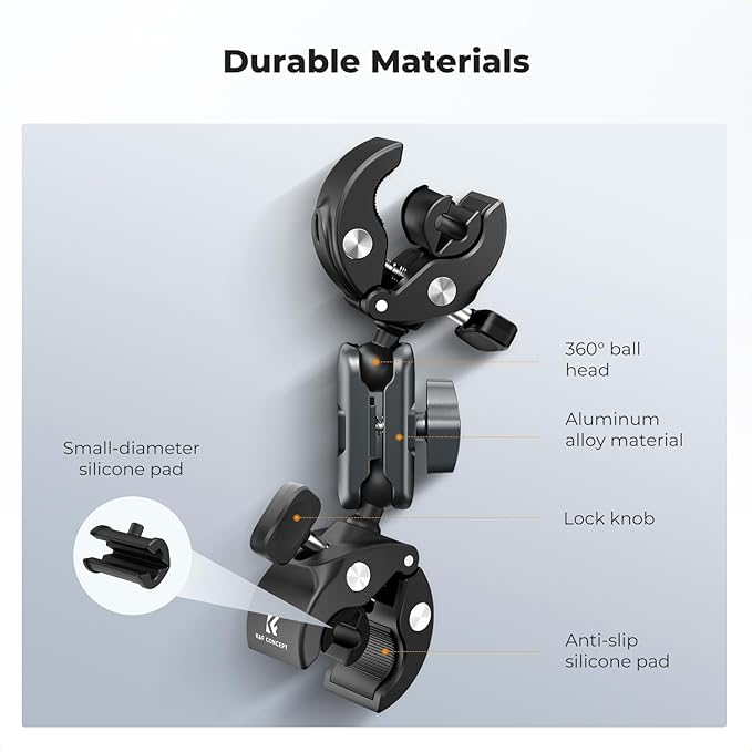 K&F CONCEPT Dual Super Clamp Camera Mount with 360° Ball Head, Bike/Motorcycle Handlebar Mount for Pole, Tripod, Desk, Flag, Umbrella