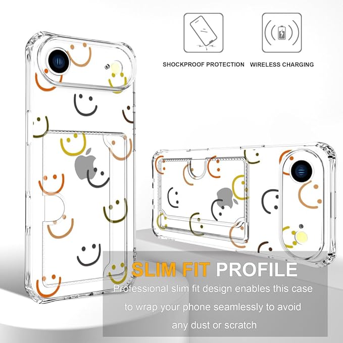 Compatible with iPhone 17 Air Case Card Holder for Women Cute Design,Wallet Phone Cases Transparent Cool Kawaii Protective (Clear Smiley Face)