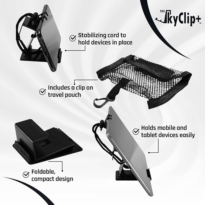 The SkyClip+ Phone & Tablet Holder for Air Travel, Home and Office Use - Inflight Phone Mount & Stand Compatible with iPhone, Android, Kindle and Tablets - Ultimate Travel Accessory (Black)