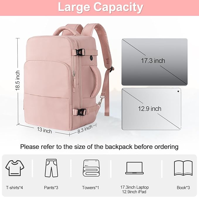 Sinaliy Travel Backpack, Carry on Flight approved Travel Bag with Multi-Pockets, Waterproof 17.3inch Laptop Backpack for Men Women, Pink
