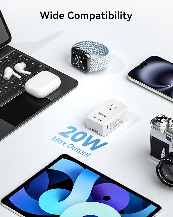 DOACE Pico Travel Adapter, 5-Port Universal Power Adapter 1 AC, 2 USB A and 2 USB C, PD 20W International Plug Adaptor Worldwide for US to European UK Italy Spain New Zealand Over 200 Countries