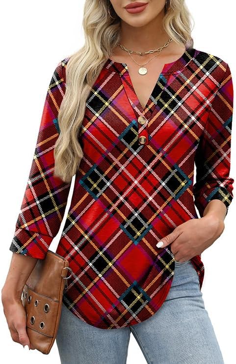 OFEEFAN Womens Tops 3/4 Sleeve Henley Shirts for Women Summer Outfits Fashion Clothing