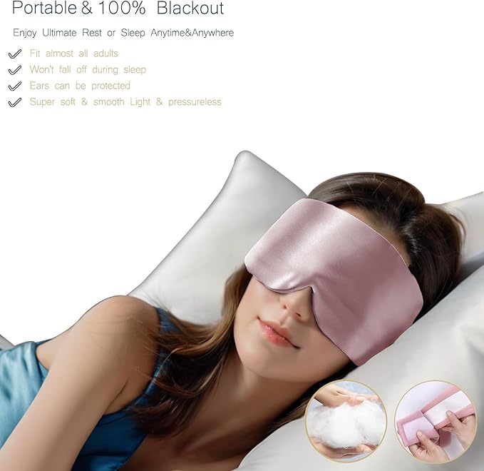 Satin Sleep Eye Mask, 100% Complete Blackout Sleeping Mask for Women Men Side Sleepers, Zero Pressure Eye Shade with Adjustable Strap, Lightweight Breathable Night Blindfold for Travel Shift Work Naps