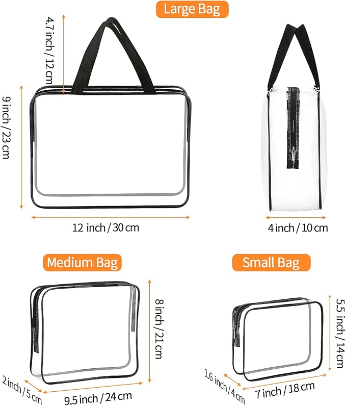HAOGUAGUA 3 Pieces Large Clear Travel Bags for Toiletries, Waterproof Clear Plastic Cosmetic Makeup Bags, Transparent Packing Organizer Storage Bags (Black)